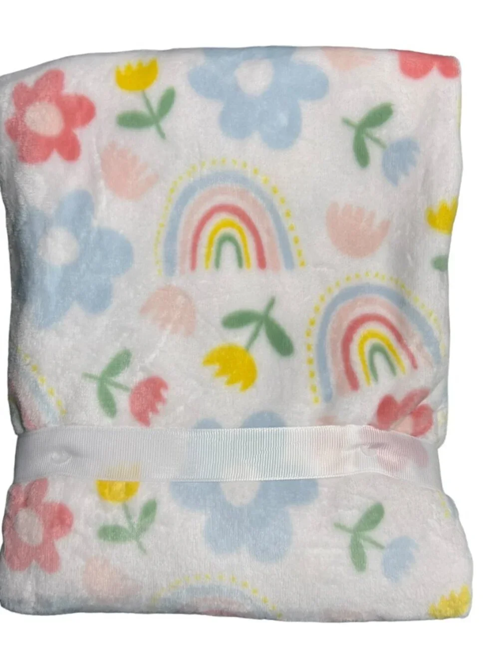 NWT Rainbows Floral Flowers Tulips Plush Baby Blanket Toddler Pink Blue White